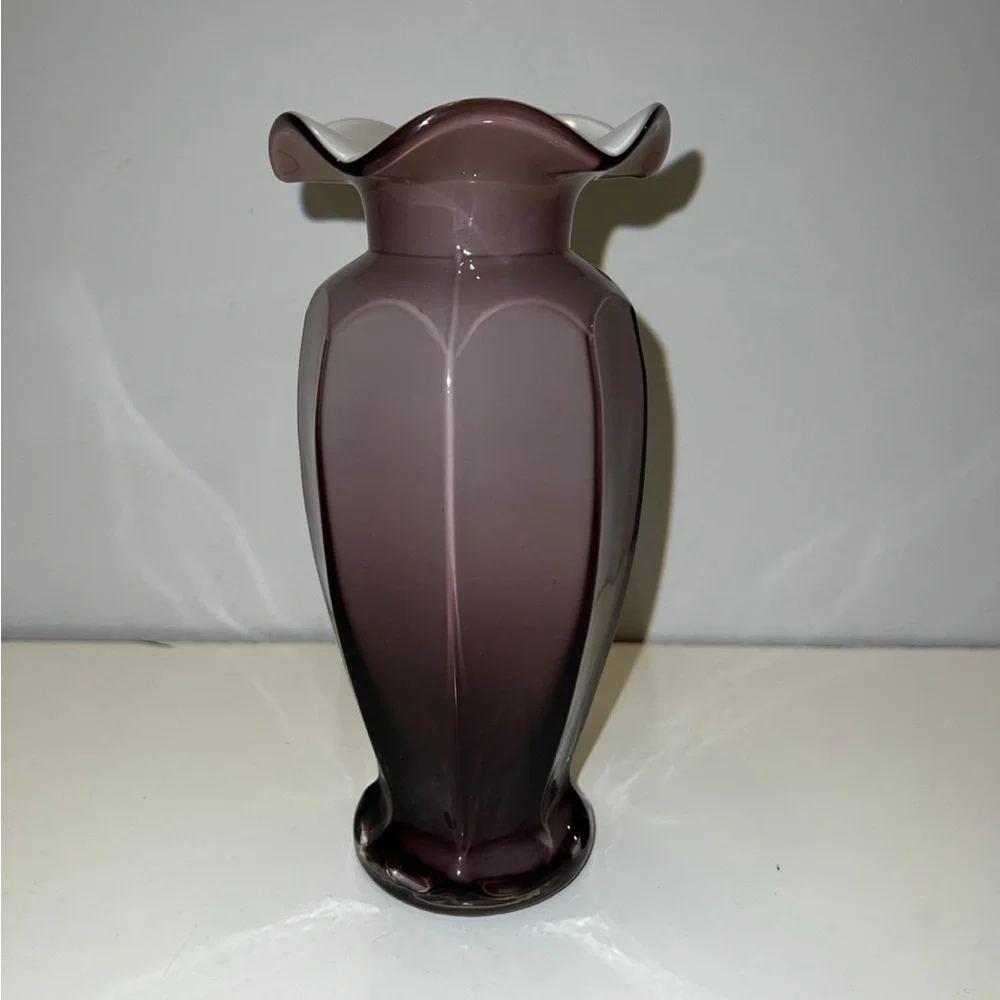Vintage Cased Glass Vase Amethyst White and Clear Paneled Purple Cased Glass